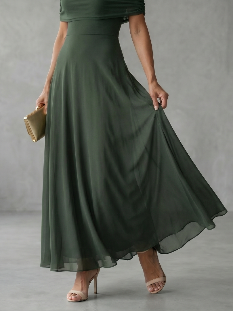 Brown women's midi dress, off-shoulder style with elegant draping, ideal for evening & cocktail events.