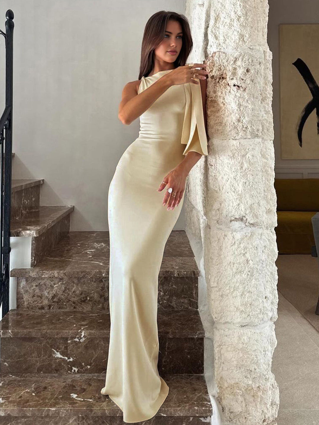 Sophisticated off-white satin maxi dress for women, ideal for evening parties, wedding guests, or special events.