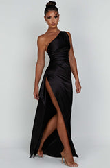 Women's elegant formal one-shoulder ruched maxi dress, designed for evening sophistication.