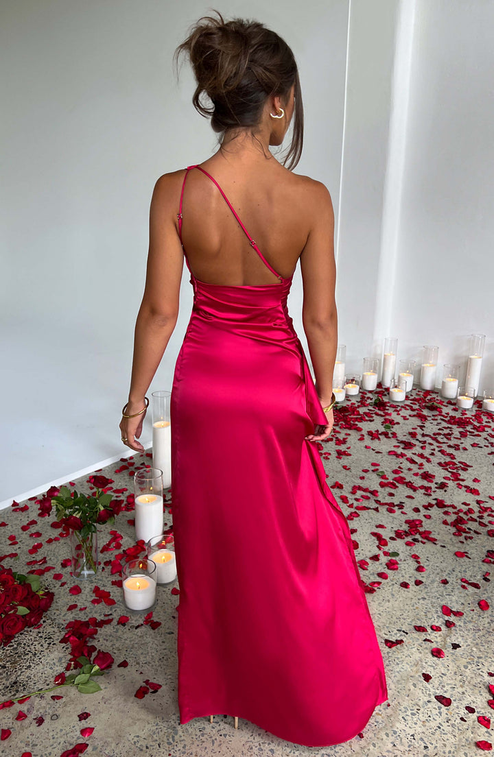 Special occasion one-shoulder ruched maxi dress with a dramatic high slit, very chic.