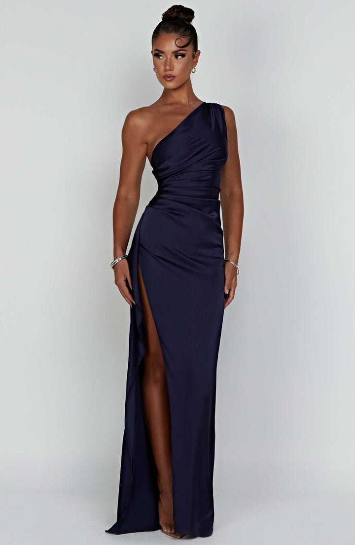 Wedding guest one-shoulder ruched maxi dress, featuring a flattering silhouette and high slit.