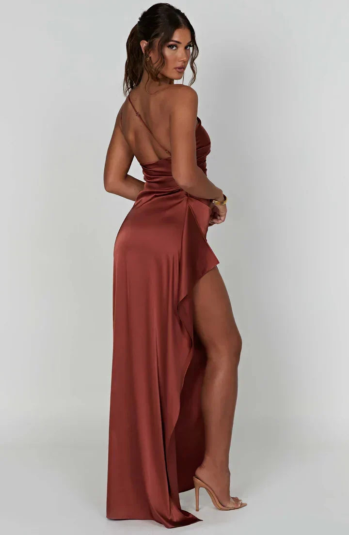 Women's designer one-shoulder split gown, a formal Vivienne dress for ultimate elegance.