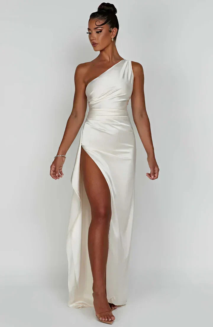 Stylish Vivienne one-shoulder satin gown, a modern split dress for women's evening wear.