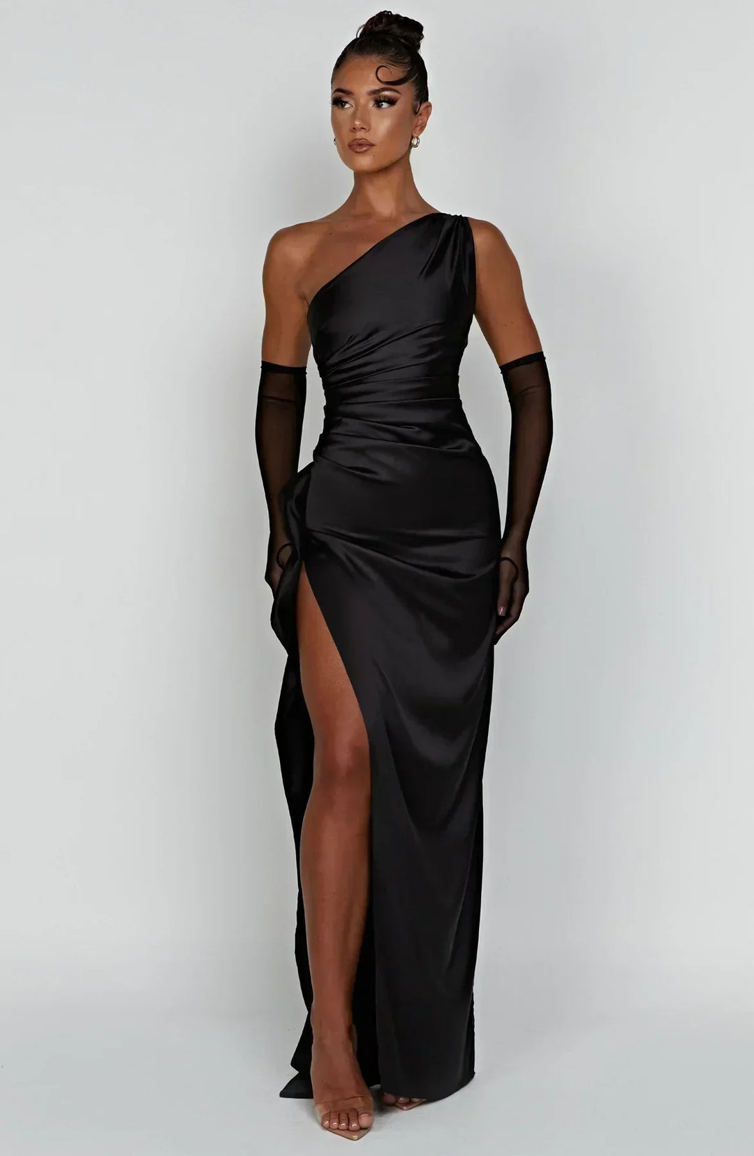 Women's refined one-shoulder satin split dress, perfect for sophisticated evening wear.