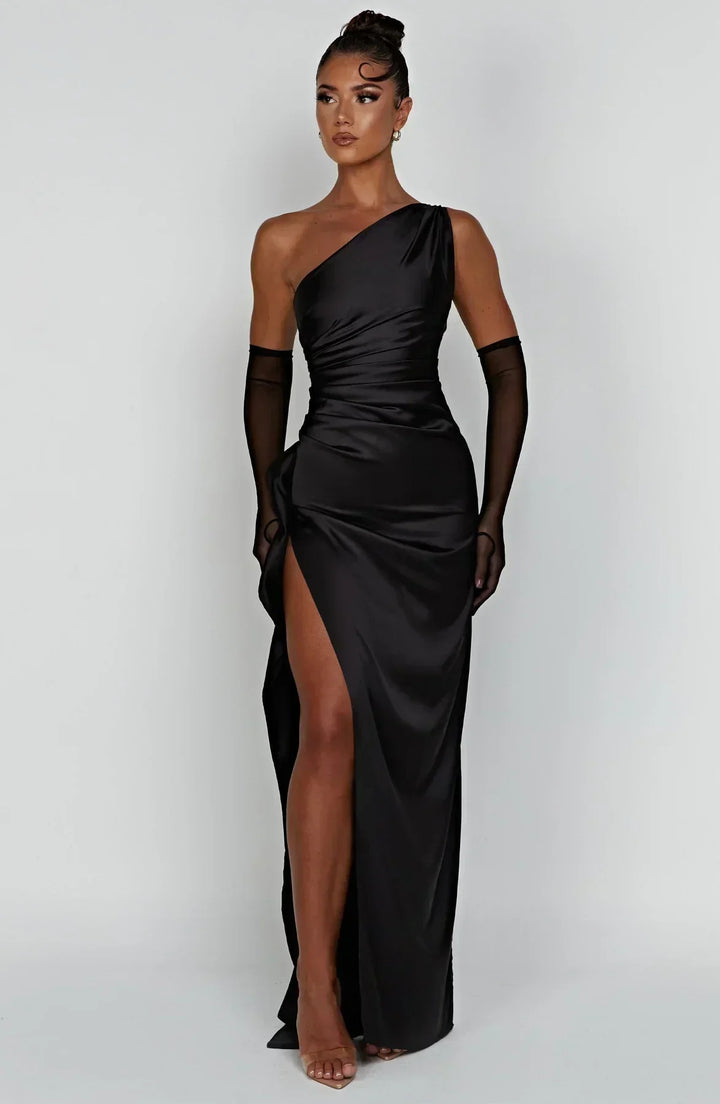 Women's refined one-shoulder satin split dress, perfect for sophisticated evening wear.