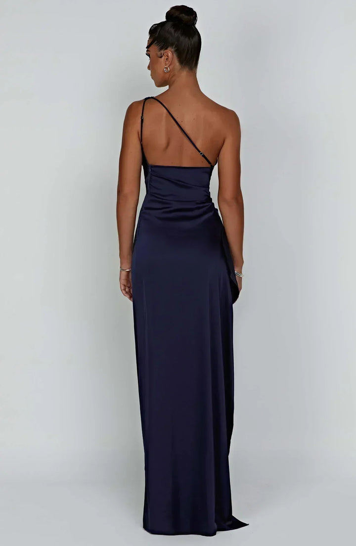 Stunning women's one-shoulder satin gown with a high split, perfect for a grand entrance.