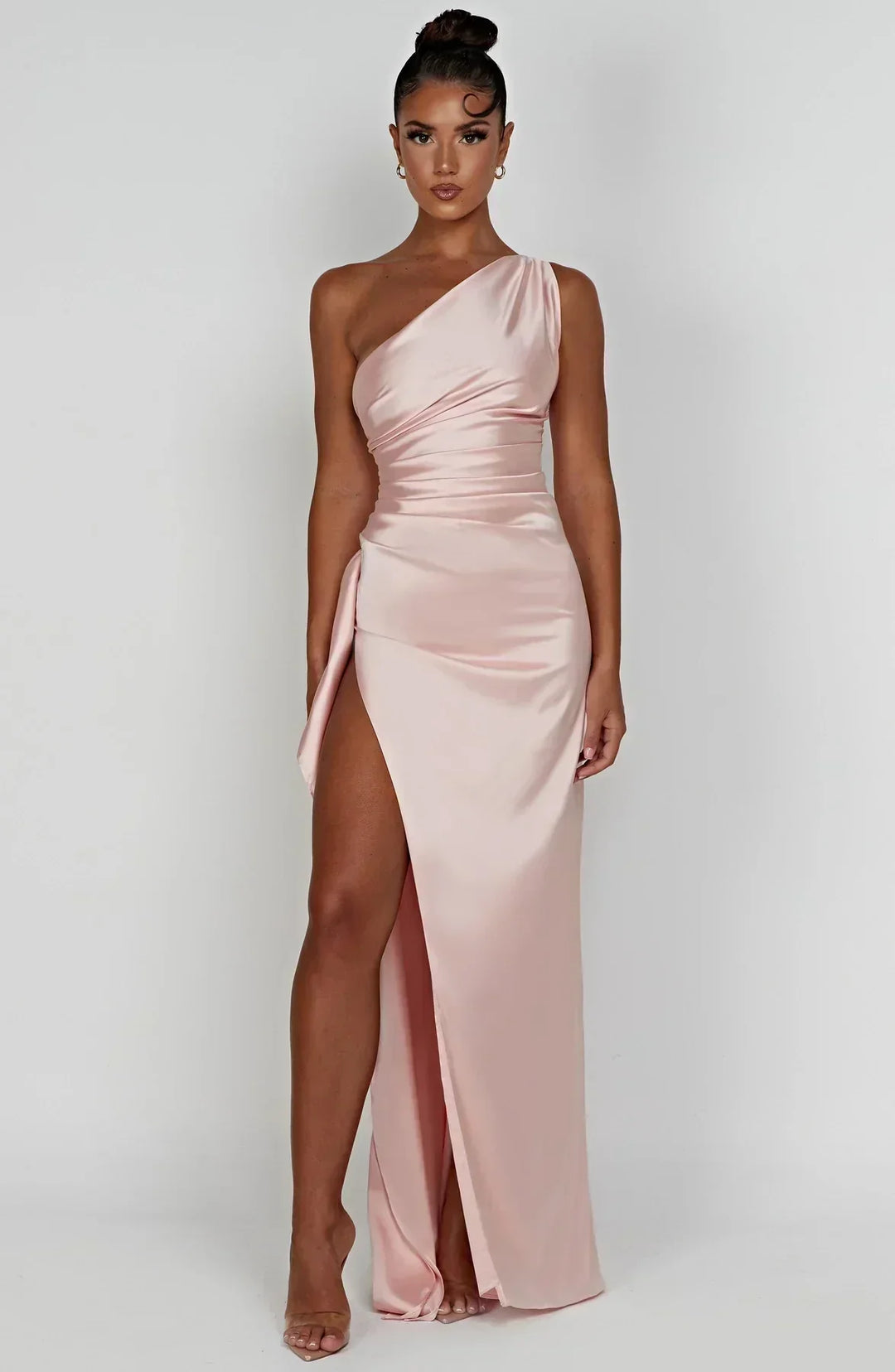 Chic women's one-shoulder party dress, a stunning split gown for special occasions.
