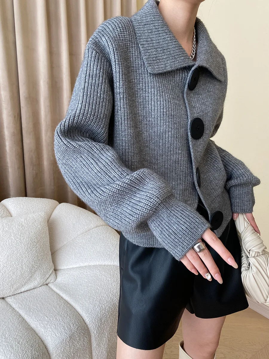 Modern women's statement cardigan, oversized and button-down, featuring a wide collar.