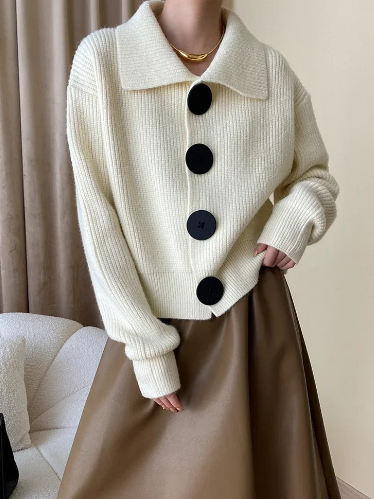 Women's long-sleeve oversized cardigan with button-down closure, essential fall/winter apparel.