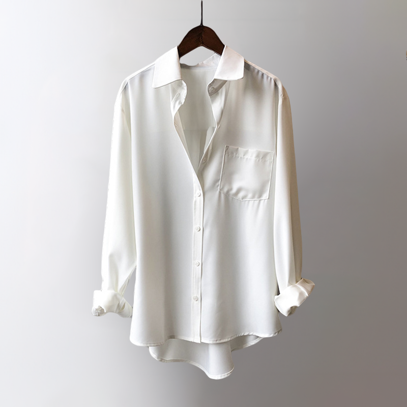 Elegant pearl white women's flowing blouse with long sleeves, perfect for sophisticated office or casual chic wear.