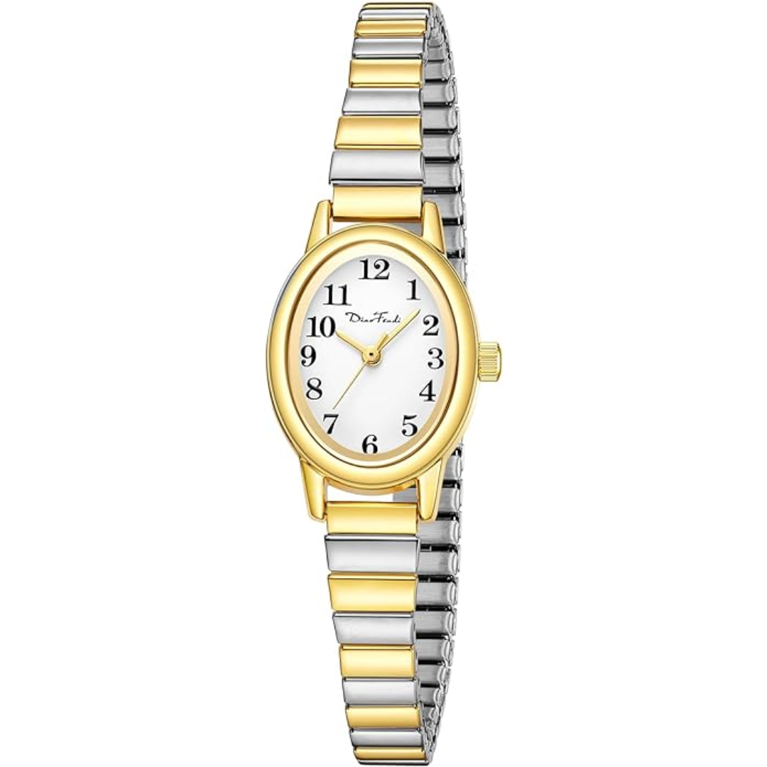 Elegant petite gold analog watch for women with classic round face and stainless steel band, front view.