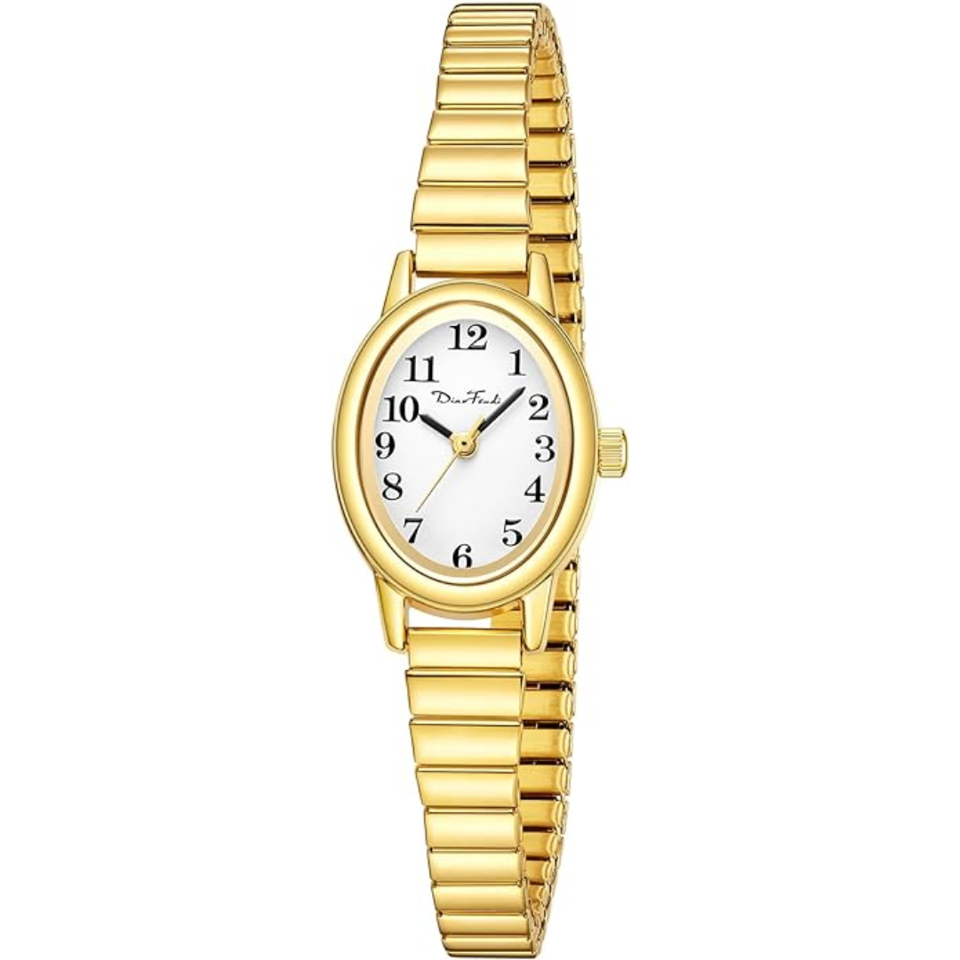 Stylish women's petite analog watch, Romy, featuring a gold-toned case and classic hour markers.