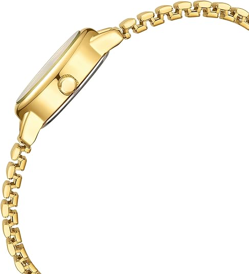 Side view of a women's petite gold analog watch, highlighting its slim profile and polished stainless steel.