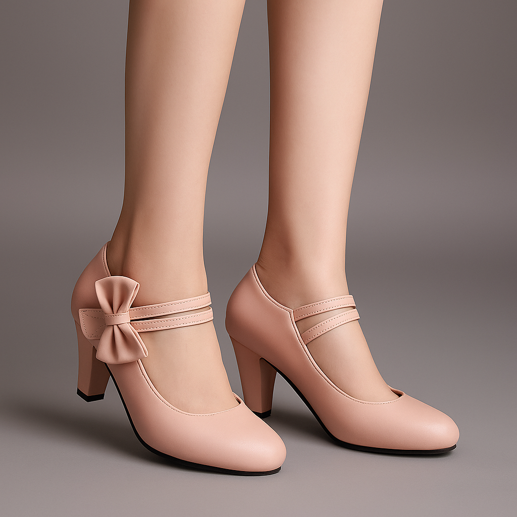 Elegant pink block heels for women with a stylish bow detail and comfortable ankle strap for parties.