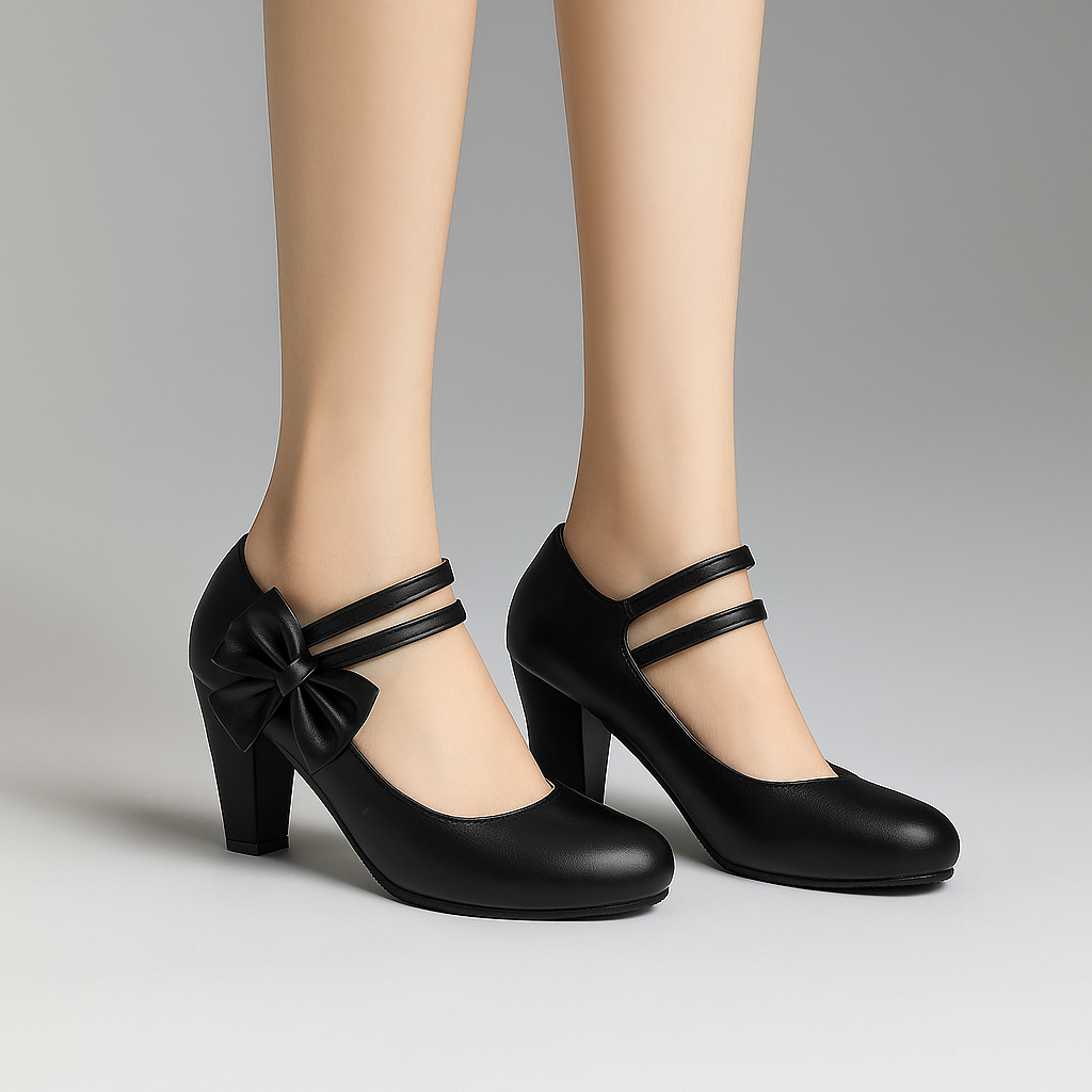 White elegant block heels with a charming bow detail, ideal for women's formal events or bridal wear.