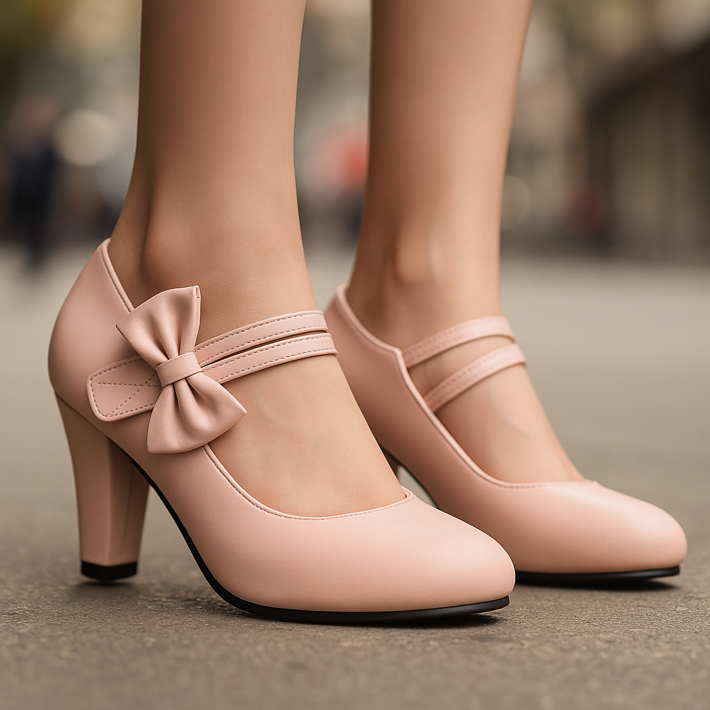 Stylish women's block heels with an elegant bow, comfortable design, and secure ankle strap for parties.