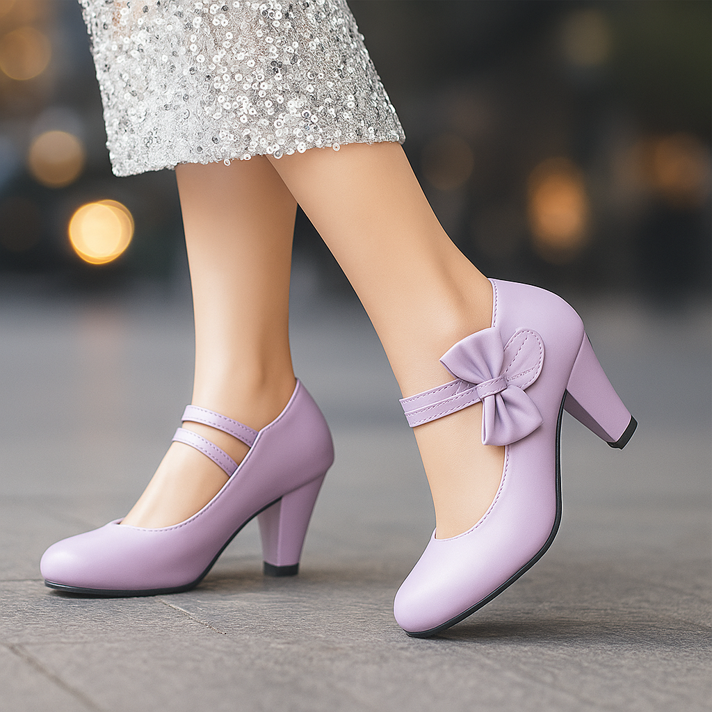 Party-ready block heels for women, featuring a chic bow, comfortable fit, and formal style.