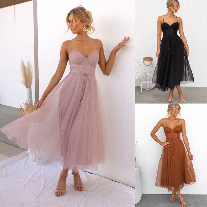 Elegant festive midi dress for women in pink, black or brown. Ideal formal wear for special events.