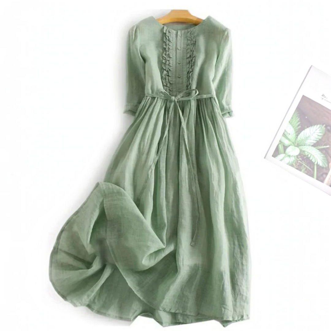 Comfortable green ruffle maxi dress for women, ideal casual summer fashion, flowy for beach or day wear.