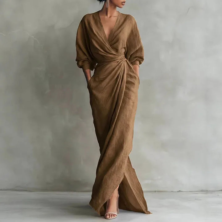Classic black V-neck wrap maxi dress, elegant long sleeve women's bodycon for evening wear & special occasions.