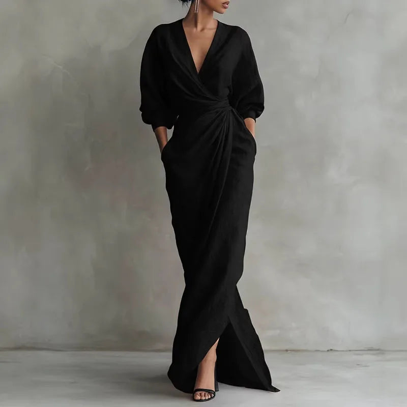 Stylish women's V-neck wrap long sleeve maxi dress; sophisticated day to night bodycon, available in multiple colors.