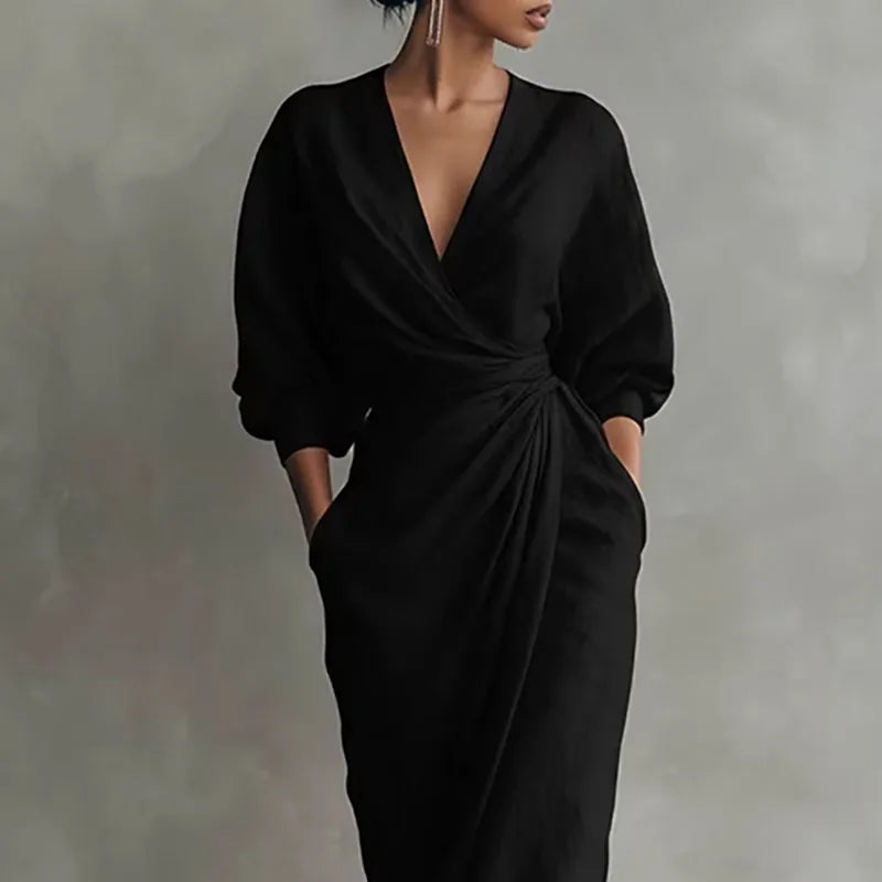 Graceful women's elegant V-neck wrap maxi dress with long sleeves, a comfortable & flattering day-to-night style.