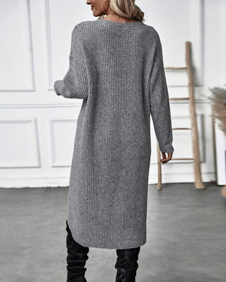Knee-length plain sweater dress, a versatile shift dress for women's office & casual wear.