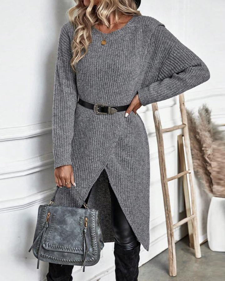 Long-sleeve solid color women's sweater dress, simple, elegant, and comfortable.