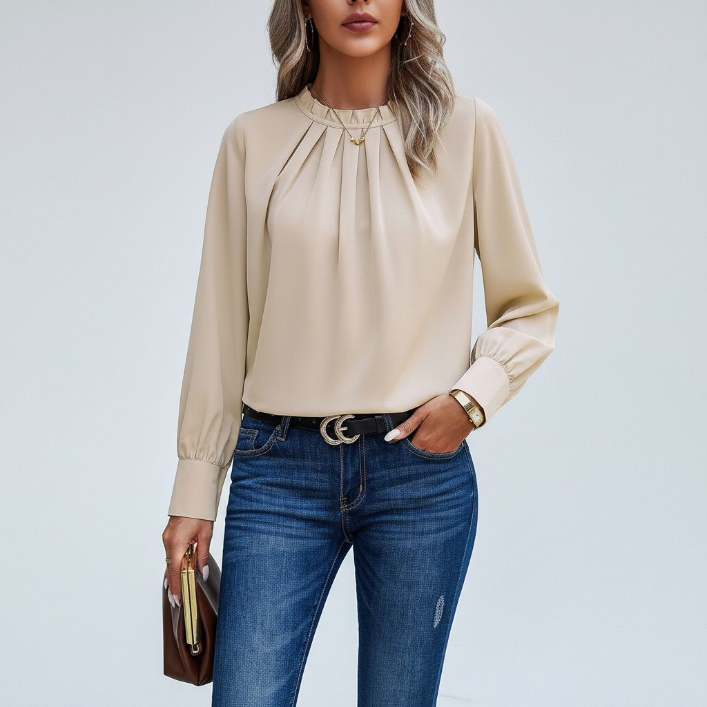 Stylish women's long-sleeve blouse, pleated polyester blend, an essential for winter wear.