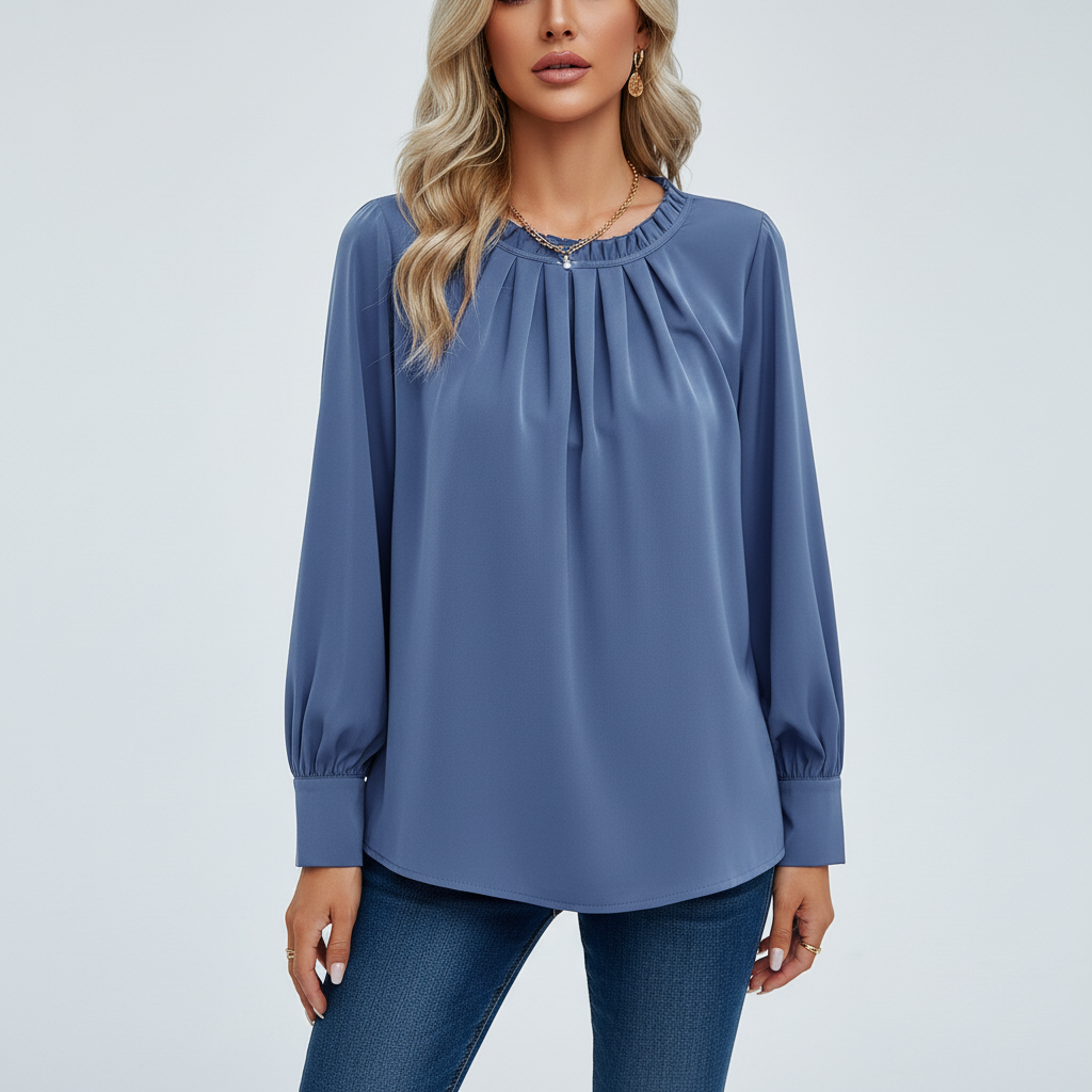 Full view of an Elvira long-sleeve blouse, pleated, offering casual chic elegance, polyester blend.