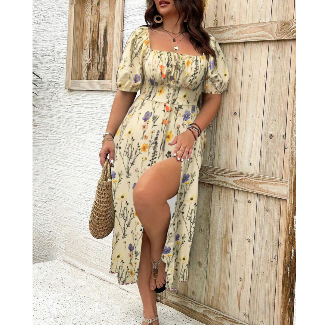 Modern elegant plus size maxi dress for women, featuring chic puff sleeves, ideal for events.