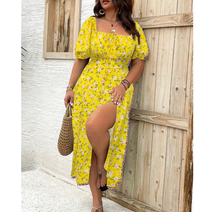 Flowy plus size summer maxi dress with elegant puff sleeves, perfect for sunny occasions & curvy fashion.