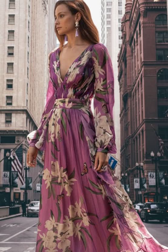 Elegant purple V-neck maxi dress for women, perfect for formal events & evening wear. Comfortable summer special occasion.