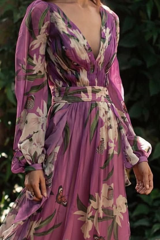 Vibrant purple maxi dress for women with a flattering V-neck, ideal for summer vacations & special occasions.