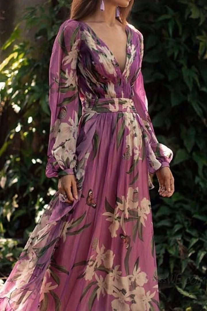 Women's elegant purple maxi dress featuring a V-neck, perfect for formal events, evening wear, or vacation.
