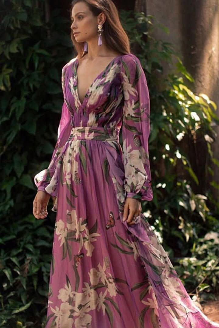 Stunning women's purple V-neck maxi dress, an elegant choice for special occasions, formal wear & summer evenings.