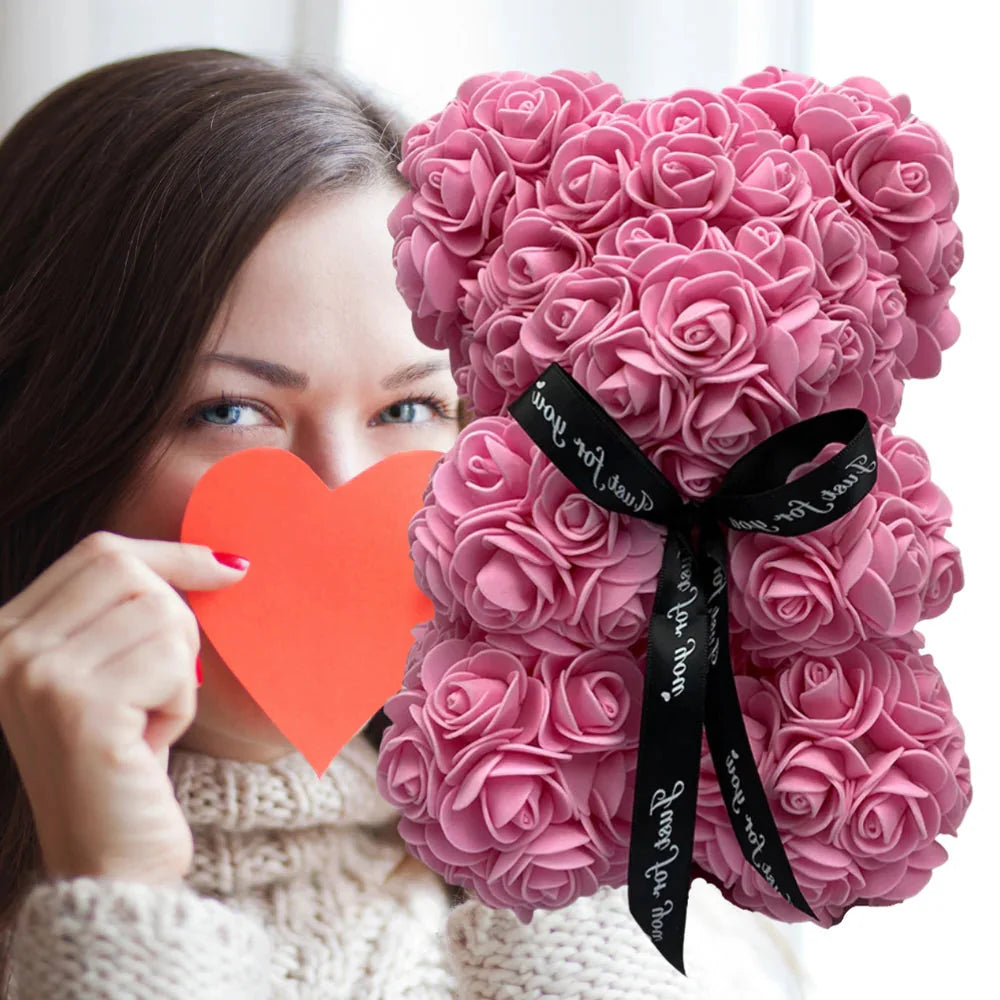 Elegant red rose teddy bear, an everlasting floral gift perfect for Valentine's Day or anniversaries.