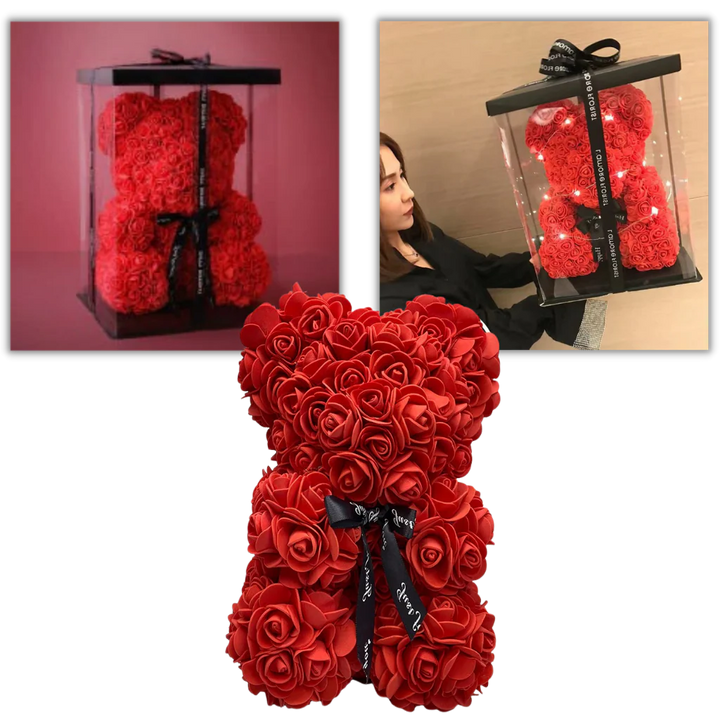 Beautiful red rose teddy bear, an eternal flower bear, perfect as a romantic gift for loved ones.
