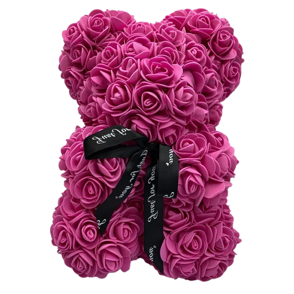 Decorative white rose teddy bear, an eternal floral home decor piece and thoughtful special occasion gift.