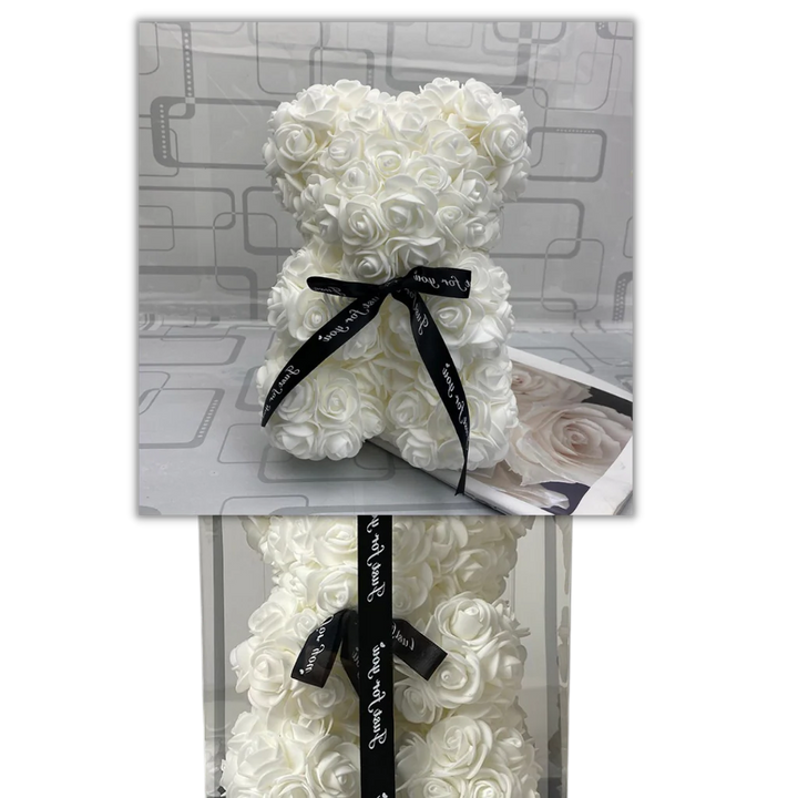 Elegant pink rose teddy bear gift, ideal for Valentine's Day, anniversaries, or as beautiful home decor.