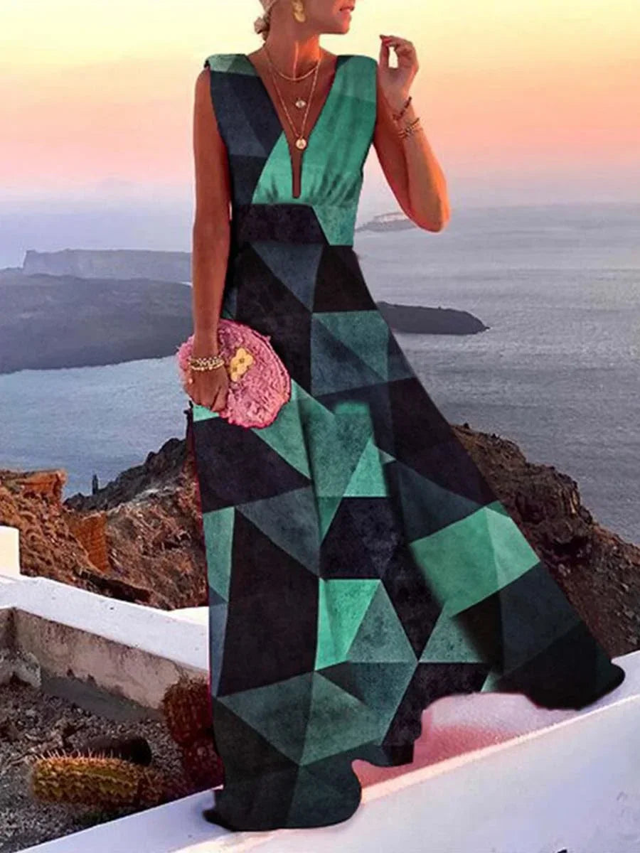 Flowing blue women's sleeveless V-neck maxi dress, ideal for summer vacation, elegant parties, and evening occasions.