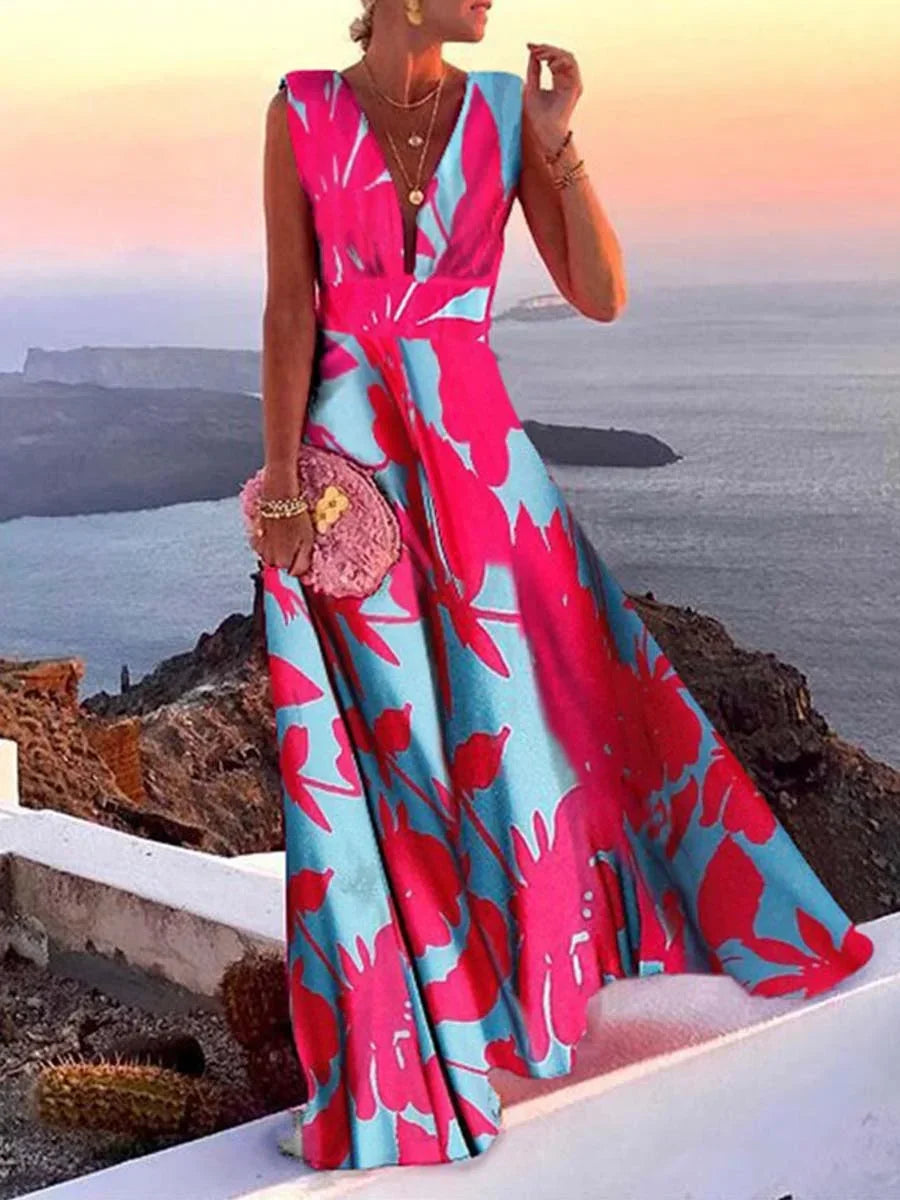Chic pink women's sleeveless V-neck maxi dress; elegant flowing design for parties, summer events, or special occasions.