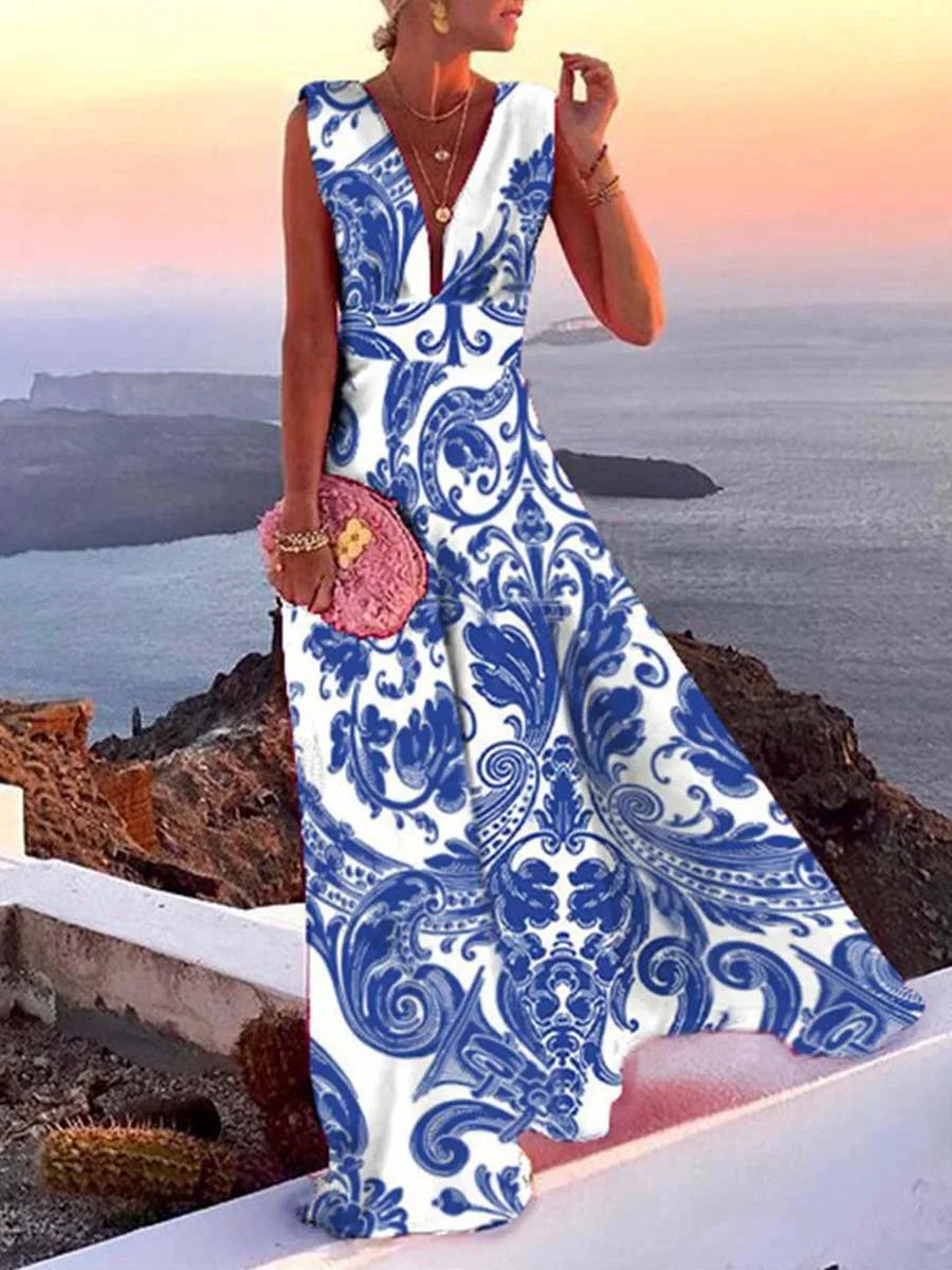 Graceful green women's sleeveless V-neck maxi dress with a flowing silhouette, suitable for evening, party or vacation.