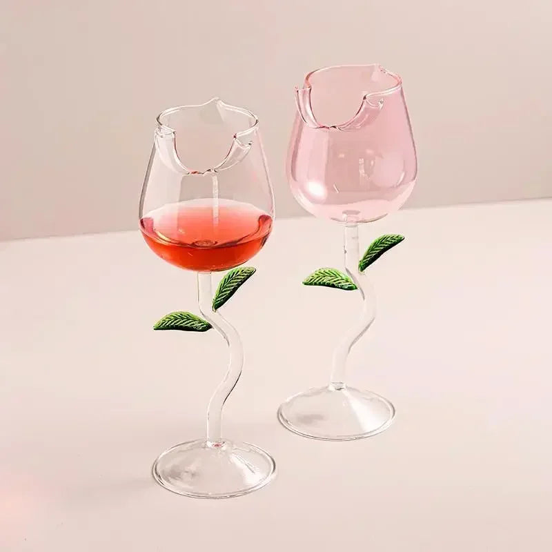 Elegant Rosette Stem Wine Glass, a unique pink & clear glassware perfect for romantic table decor & special drinkware.