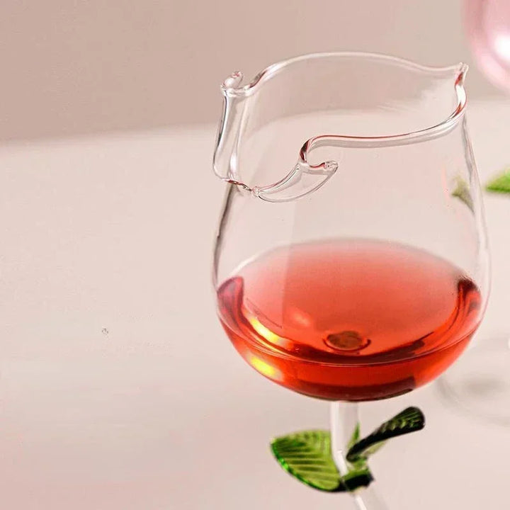 Close-up of the unique pink rose stem on an elegant Rosette Wine Glass, ideal for romantic home & table decor.