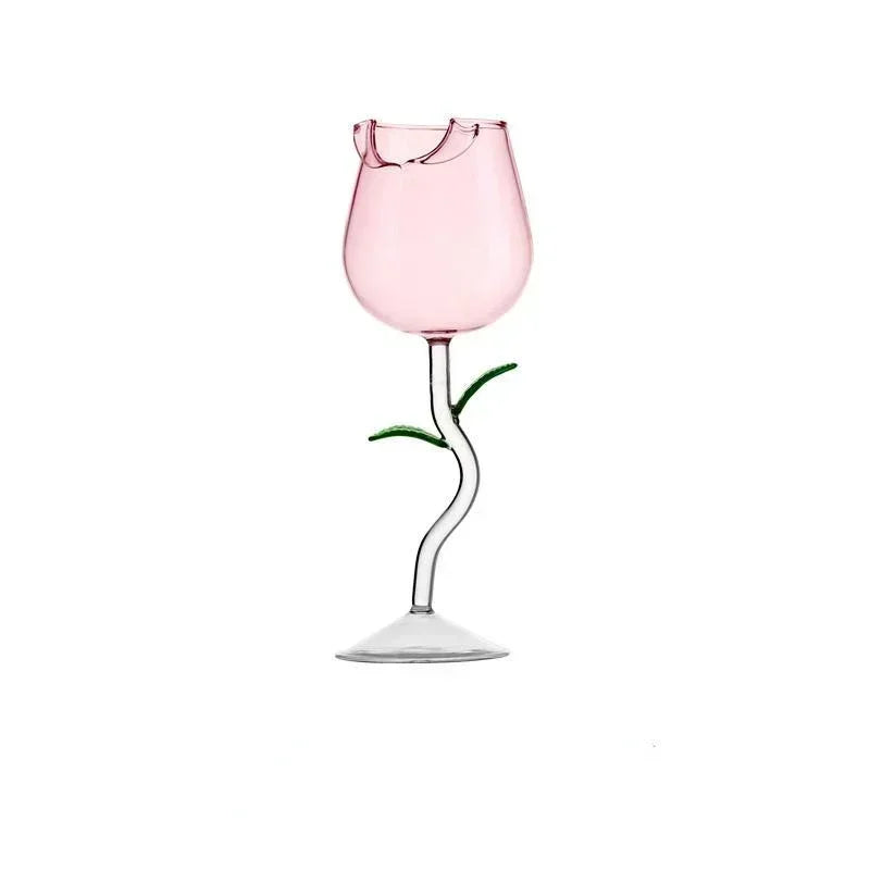 Unique Rosette Stem Wine Glass with a clear bowl & pink rose stem, elegant glassware for home decor or a special gift.