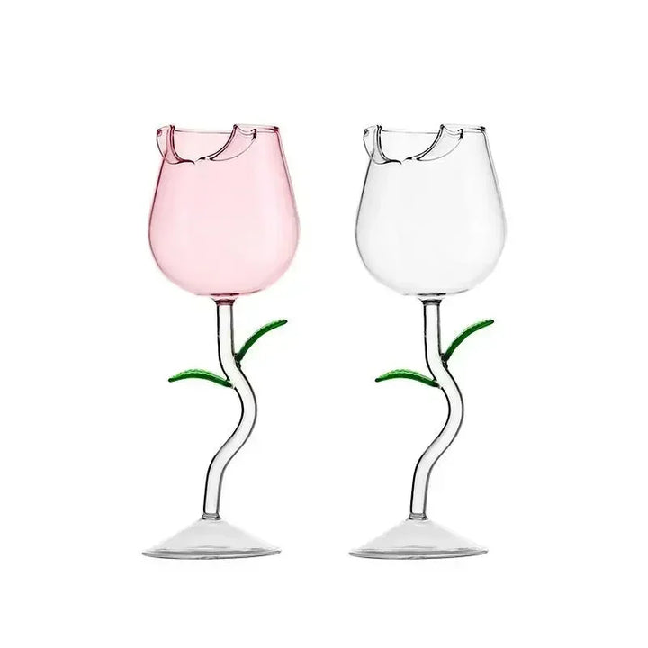 Clear and pink Rosette Stem Wine Glass, a beautiful piece of elegant drinkware & table decor with a unique rose design.