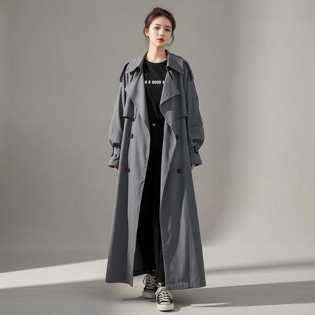 Elegant Scarlett oversized long trench coat for women, perfect for fall and winter fashion, versatile outerwear.