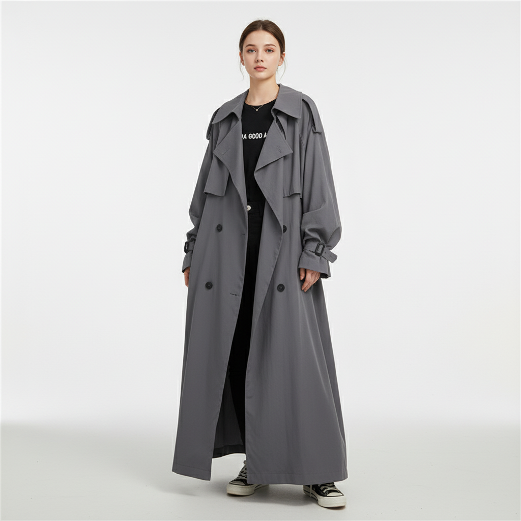 Women's oversized long trench coat in Scarlett, a stylish and elegant winter coat and fall jacket.