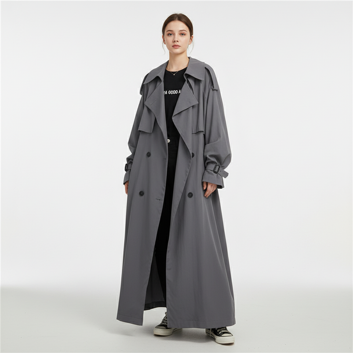 Women's oversized long trench coat in Scarlett, a stylish and elegant winter coat and fall jacket.